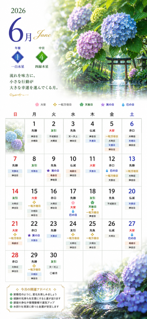 【オリジナルカレンダー】2026年6月のスマートフォン用壁紙カレンダー