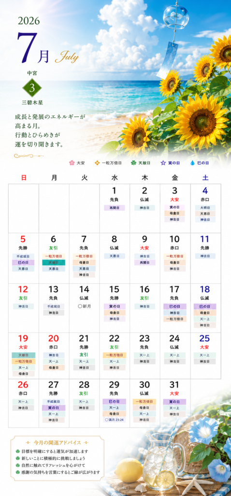 【オリジナルカレンダー】2026年7月のスマートフォン用壁紙カレンダー