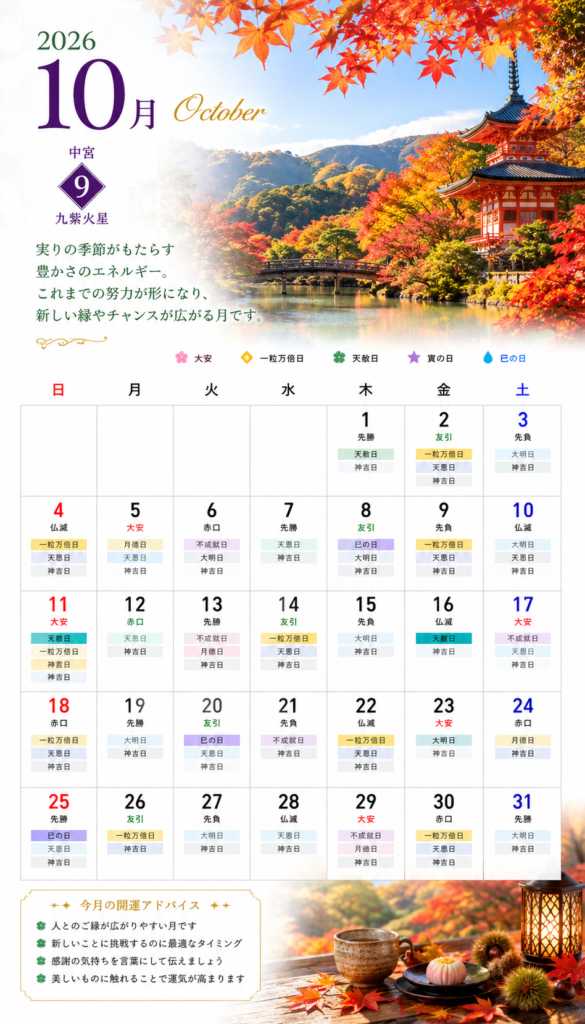 【オリジナルカレンダー】2026年10月のスマートフォン用壁紙カレンダー