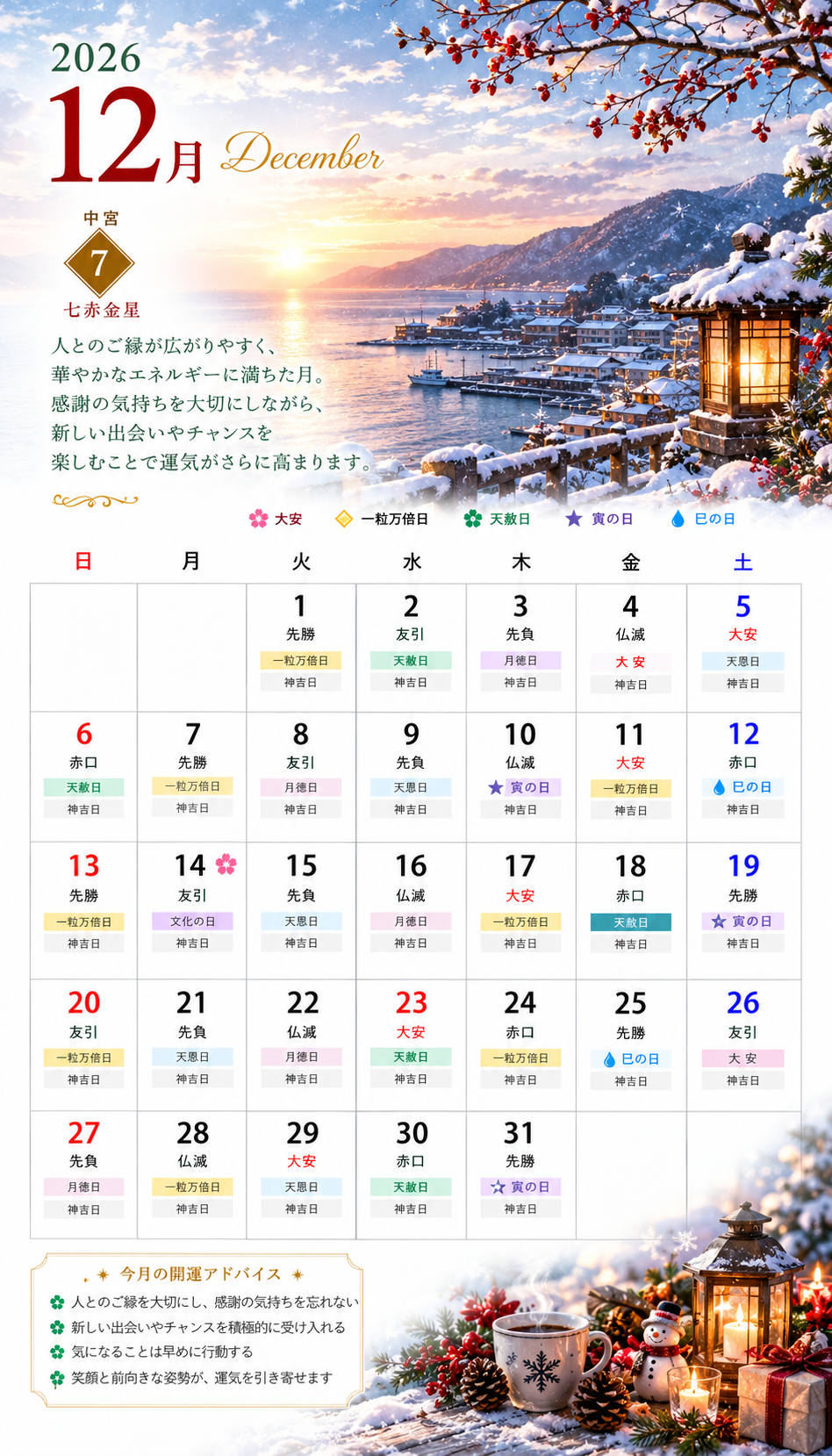 【オリジナルカレンダー】2026年12月のスマートフォン用壁紙カレンダー